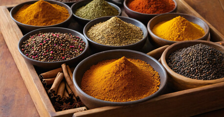 Fototapeta premium Indian cooking spices in wooden trays on an old table
