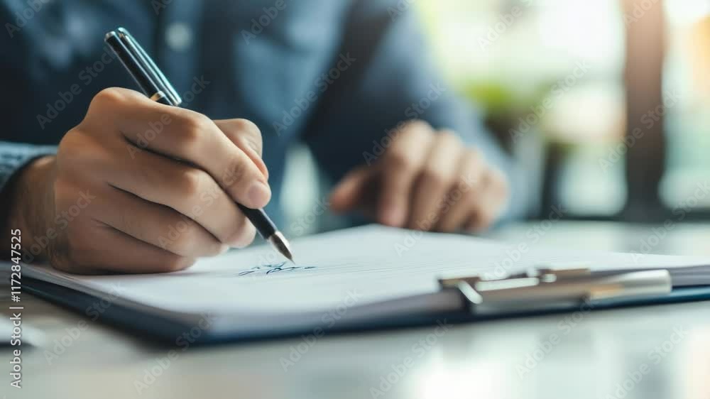 Poster close up of a businessman's hand holding a pen and writing on a document placed on a clipboard, sugg