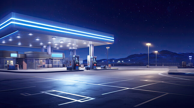 An illustration of a gas station at night