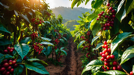 This image is suitable for coffee industry advertising, packaging design, and agricultural publications. It features beautiful red coffee beans growing on terraced hillside plants