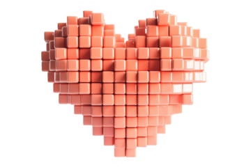 Abstract pink cubic pixel heart shape, isolated on white transparent background. Concept of love, technology, and modern design