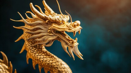 Golden dragon sculpture with detailed scales, isolated on black