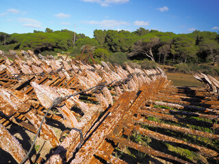 Anclas de barco alineadas con &oacute;xido.