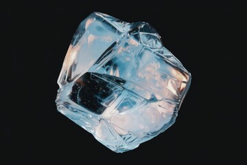 A translucent, multifaceted crystal or ice shard, with internal reflections and refractions, captured against a stark black backdrop.