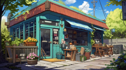 An illustration of a shop during the daytime