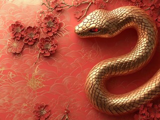 Fototapeta premium Golden snake with red flowers on red background.