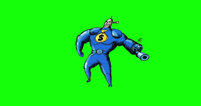 Super dollar blue hero green screen animation cartoon. A pouch with dollars transforms to a dangerous robo superhero cyborg with a dollar pouch on his chest. Greenbox background isolated.
