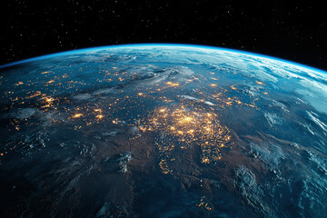 Fototapeta premium Earth from space Europe at night, city lights glow, stars shine