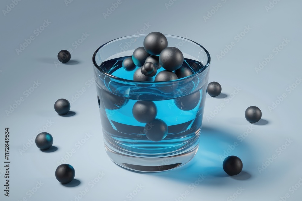 Poster A glass of blue liquid containing multiple dark spheres, some submerged and others surrounding it.