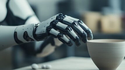 A robotic hand gently interacts with a clay pot on a workbench in a pottery studio, showcasing advanced technology and craftsmanship during afternoon hours.