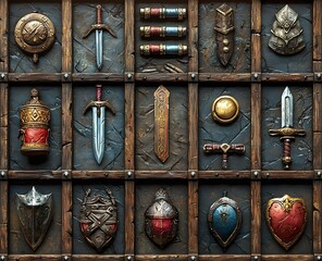 3D RPG inventory icons featuring weapons potions armor and tools on textured wood leather and metal backgrounds