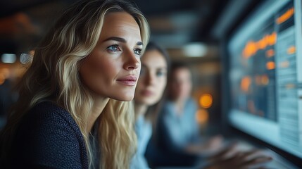 Focused businesswoman with colleagues looking at screen.