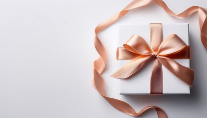 White Gift Box with Rose Gold Ribbon on White Background. Top View of Mother Day Gifts with Copy Space