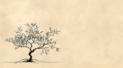 Fototapeta premium tree small blossoms line drawing beige background