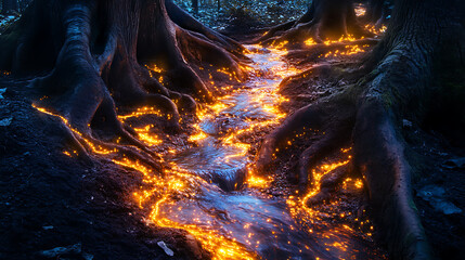 Fantasy woodland with sparkling streams flowing between ancient, glowing tree roots and vibrant wildlife 