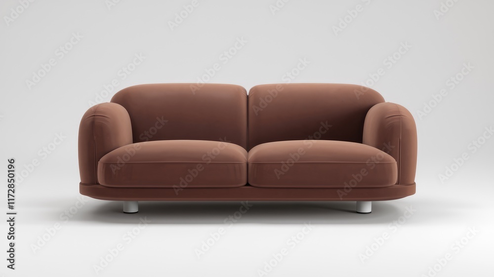 Aufkleber a brown velvet two-seater sofa with rounded edges and simple design sits on a white background.