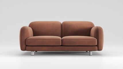 A brown leather two-seater sofa with rounded armrests and modern design.