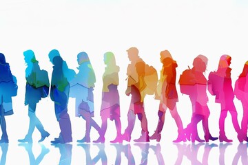 Diverse group of students is walking together in a colorful watercolor style, symbolizing unity and diversity in education