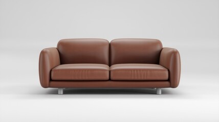 A brown leather two-seater sofa with rounded edges sits on a white background.