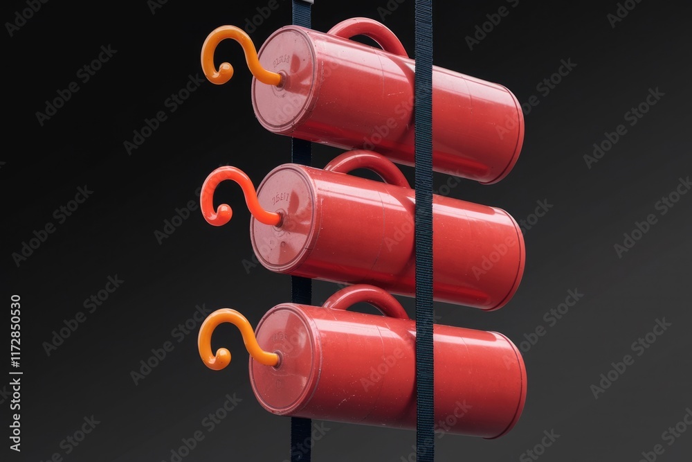Aufkleber three red cylindrical objects hang vertically, each with a unique orange hook.