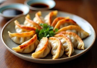 Delicious dumplings arranged beautifully on a plate with dipping sauces and herbs