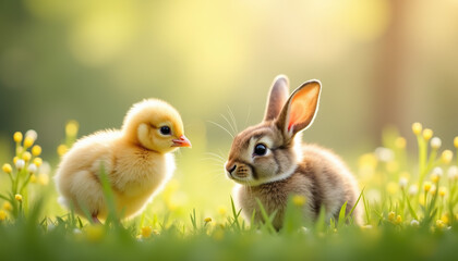 A cute chick and bunny playing together in a vibrant spring meadow filled with colorful flowers, showcasing the innocence and joy of young animals in nature.