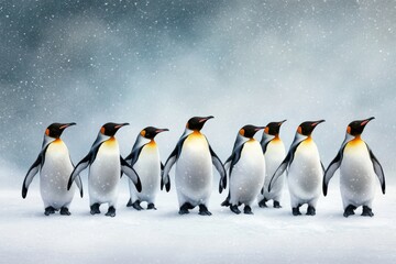 Obraz premium A charming scene of eight emperor penguins marching through a snowy landscape, showcasing their striking black, white, and orange plumage against a serene winter backdrop.