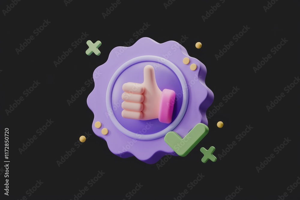 Poster 3d rendering of a thumbs up symbol inside a purple badge, signifying approval and positive feedback.