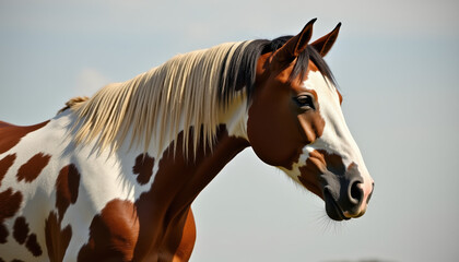 Obraz premium A stunning brown and white horse standing proudly in a vibrant meadow, capturing the essence of equine beauty amidst the peaceful outdoor scenery.