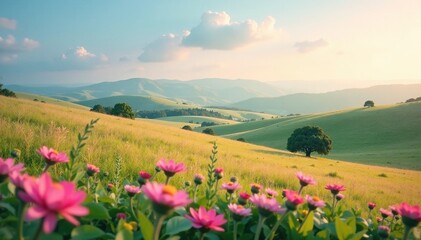 Soft pastel hues on rolling hills with blooming wildflowers, countryside, soft focus, rolling hills