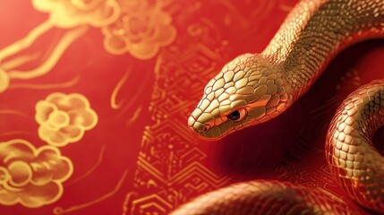 Fototapeta premium Golden snake on red background with gold Chinese pattern.