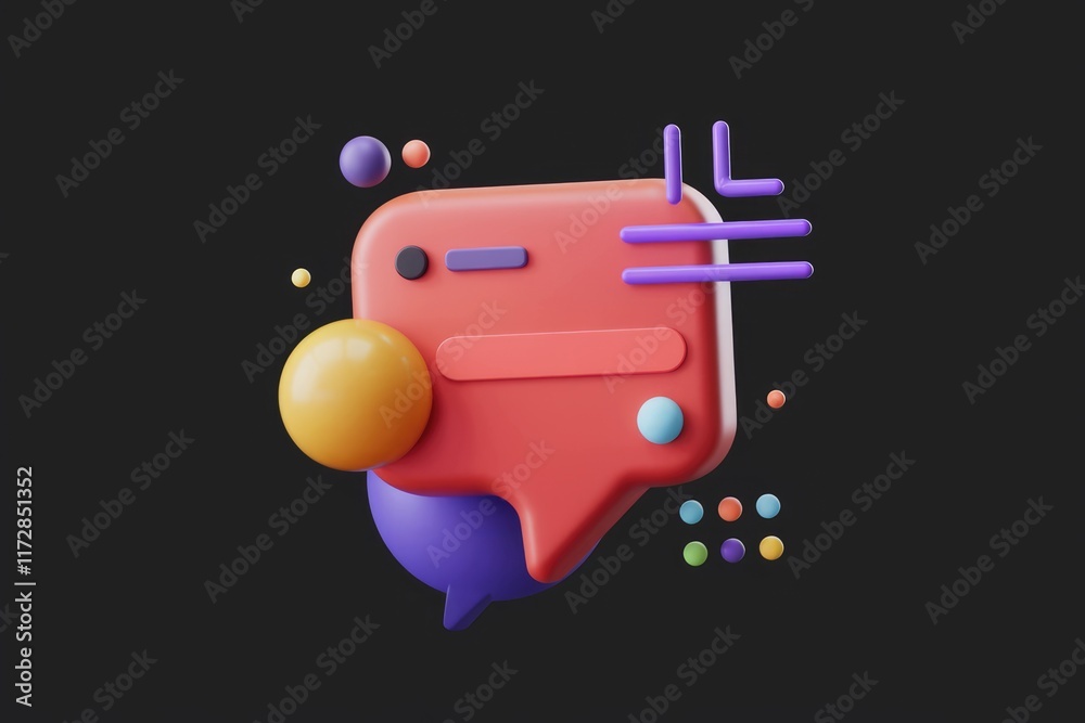 Poster Abstract 3D rendering of a colorful chat bubble with geometric shapes and floating spheres on a transparent background.