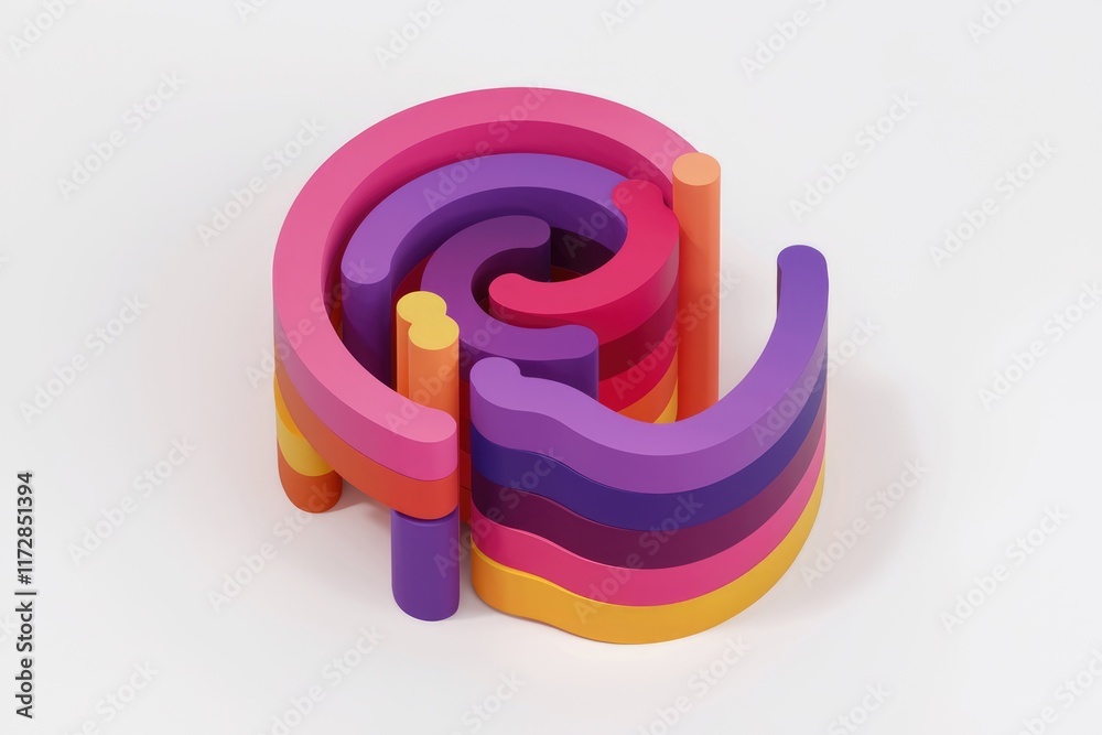 Poster Abstract 3D rendering of colorful stacked curved shapes forming a complex pattern.