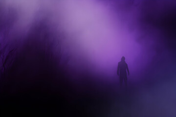 Fototapeta premium Mysterious silhouette of a person standing in a purple, foggy landscape, evoking feelings of solitude and introspection.