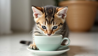 A cute tabby kitten drinking milk from a saucer, showcasing its playful side in a cozy indoor setting filled with light.