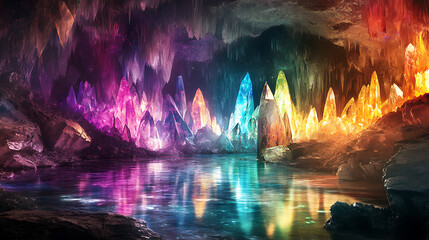Glittering crystal cave with radiant formations glowing in various colors and reflecting on a tranquil pool 