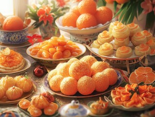 Sunlit table laden with orange treats, candies, and fruit.