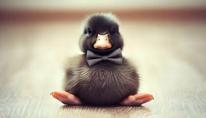 Adorable duckling wearing a bow tie, sitting on a wooden surface.  Perfect for greeting cards, children's books, or websites.
