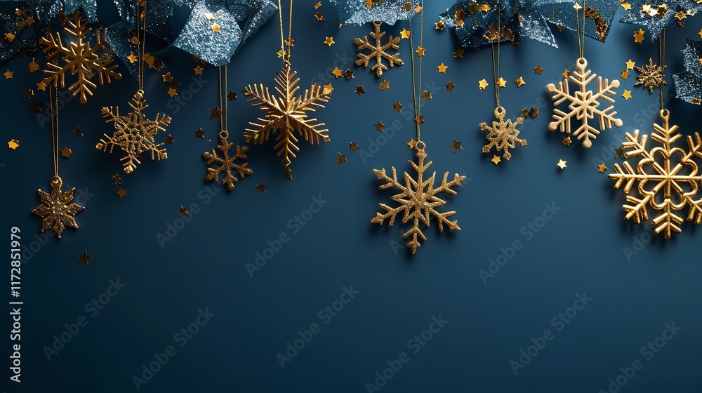 Fototapete an up-close perspective on golden snowflakes lying on a blue foreground with plenty of background co