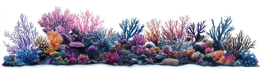 Vivid coral reef with diverse species on a white isolated background.