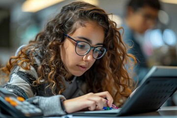 Female student solving math problems on digital tablet in classroom desk with a cropped image