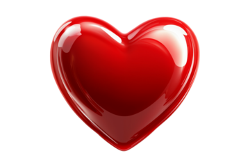 Shiny red heart with smooth, glossy texture isolated on white transparent background, symbol of love, passion and romance concept of Valentine Day