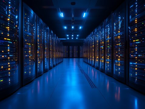 Illuminated server room with rows of data servers.