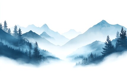 Foggy mountain landscape with evergreen trees and serene blue tones.