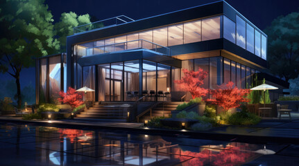 Fototapeta premium An illustration of a modern house at night