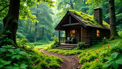 A lush carpet of soft moss and greenery surrounds a rustic wooden cabin amidst nature, ferns, natural scenery, cabin site
