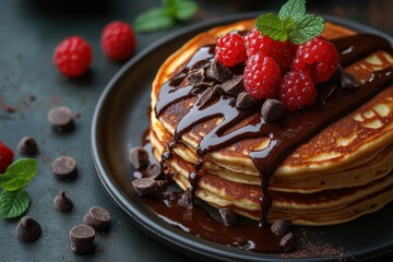 Delicious pancakes topped with chocolate sauce and berries. Delicious recipe, cooking, breakfast