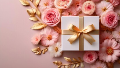 White With Gold Accents Gift Box with Pink Ribbon on Flowers Background. Top View of Romantic Gifts with Copy Space