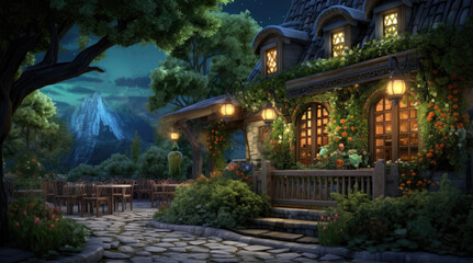 Fototapeta premium An illustration of a restaurant building with beautiful flowers at night