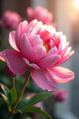 Fototapeta premium Delicate pink peony petals unfolding in soft morning light, blooms, gentle